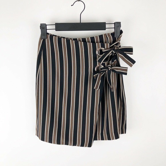 Urban Outfitters Grommet Tie Black Brown Striped Short Mini Wrap Skirt - Picture 1 of 12